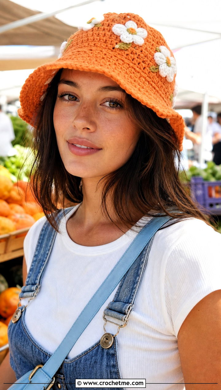 Orange Blossom Bucket Hat With Denim Overalls - 35 orange blossom crochet hat outfit ideas