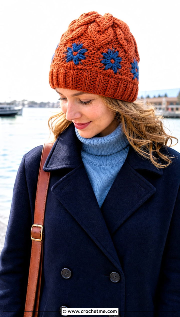 Orange Blossom Cable Crochet Hat With Peacoat - 35 orange blossom crochet hat outfit ideas