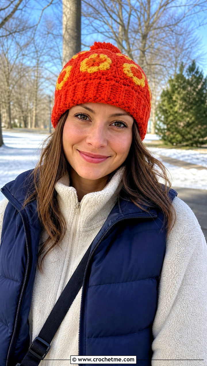 Orange Blossom Crochet Beanie With Puffer Vest - 35 orange blossom crochet hat outfit ideas