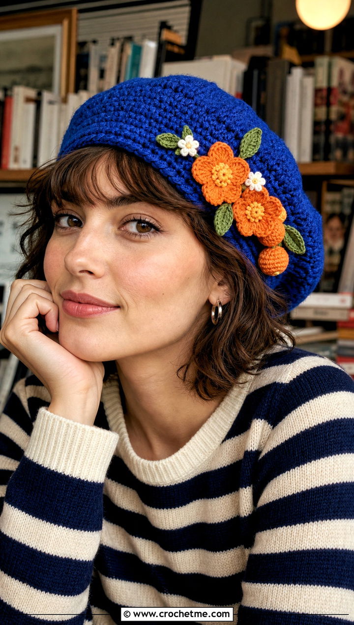 Orange Blossom Crochet Beret With Striped Sweater - 35 orange blossom crochet hat outfit ideas