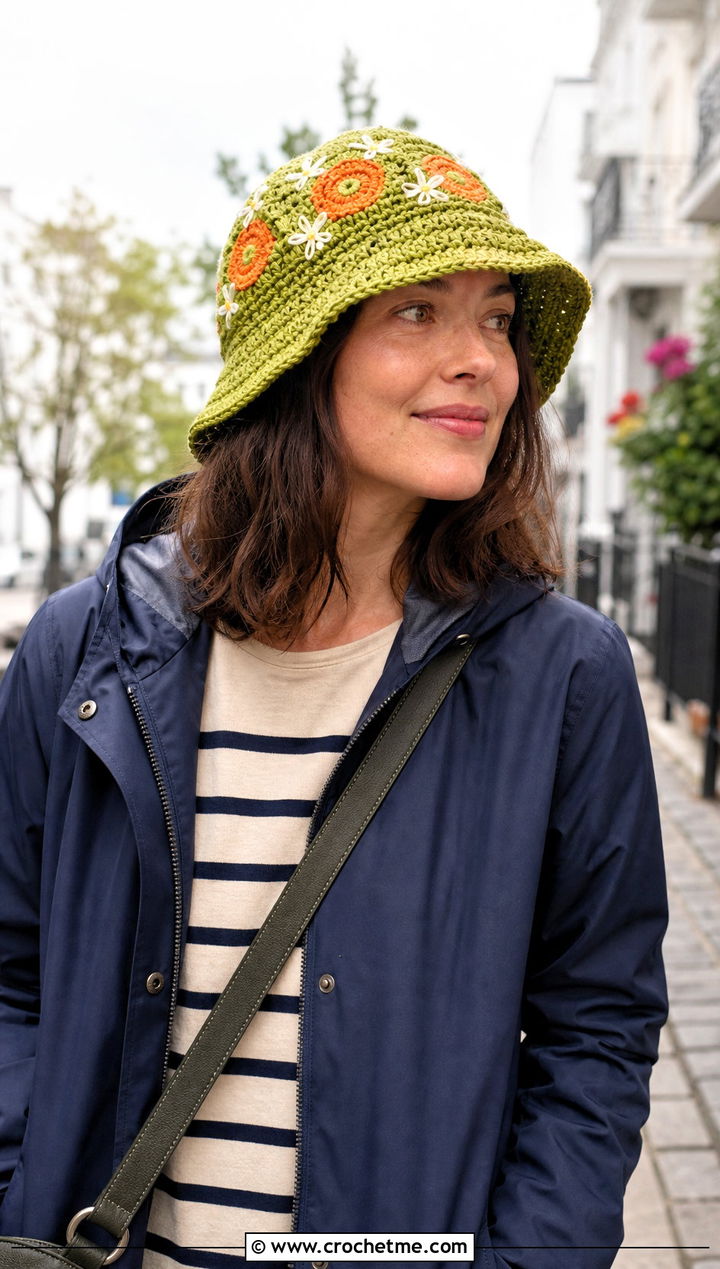 Orange Blossom Crochet Fisherman Hat With Rain Jacket - 35 orange blossom crochet hat outfit ideas