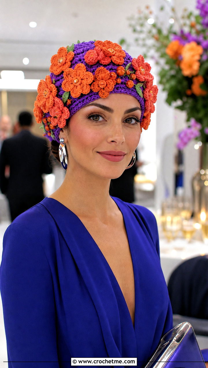 Orange Blossom Floral Crown Hat With Evening Jumpsuit - 35 orange blossom crochet hat outfit ideas