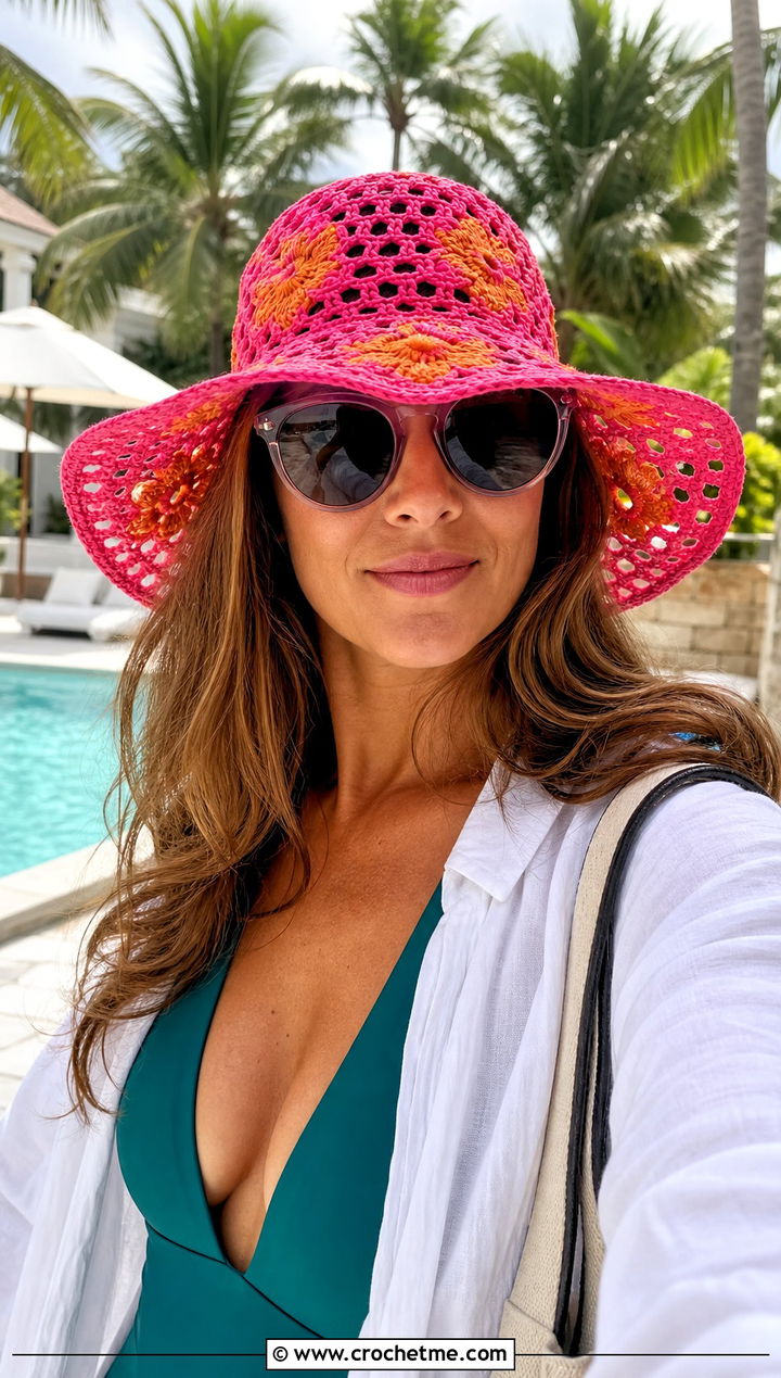 Orange Blossom Openwork Sun Hat With Swimsuit Cover Up - 35 orange blossom crochet hat outfit ideas