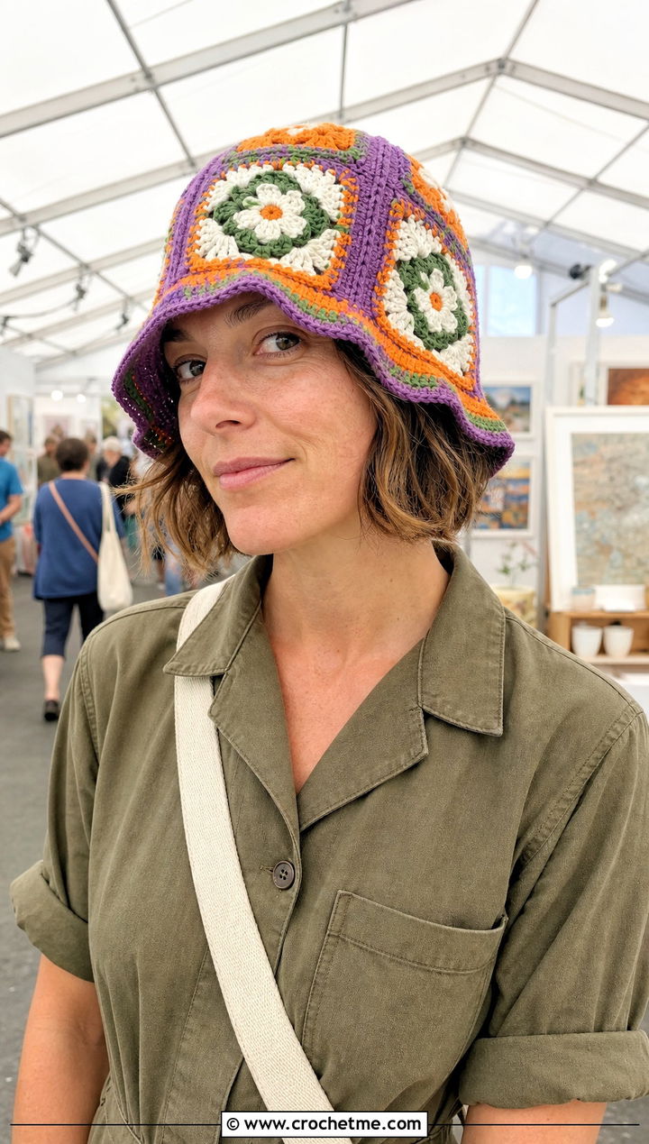 Orange Blossom Patchwork Hat With Utility Jumpsuit - 35 orange blossom crochet hat outfit ideas
