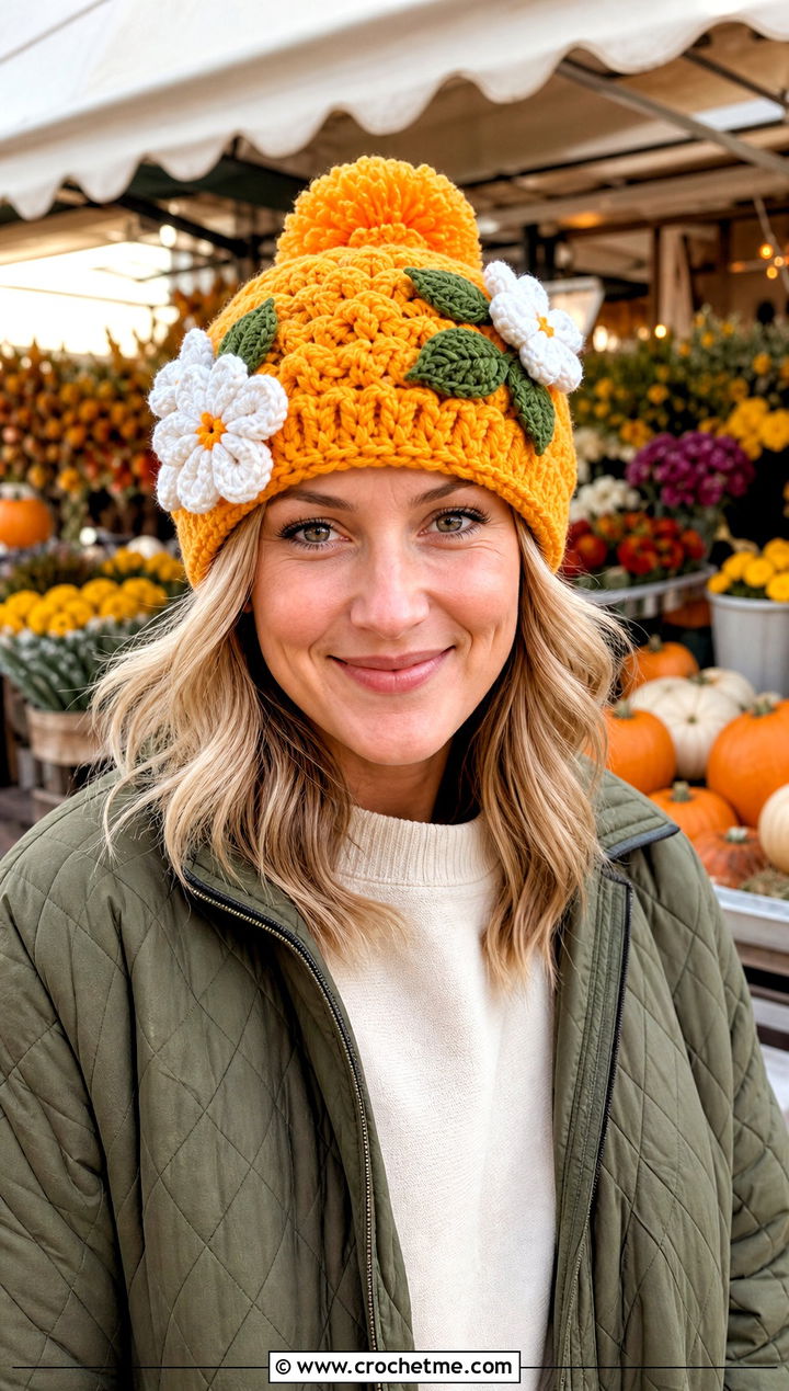 Orange Blossom Pom Pom Hat With Quilted Jacket - 35 orange blossom crochet hat outfit ideas