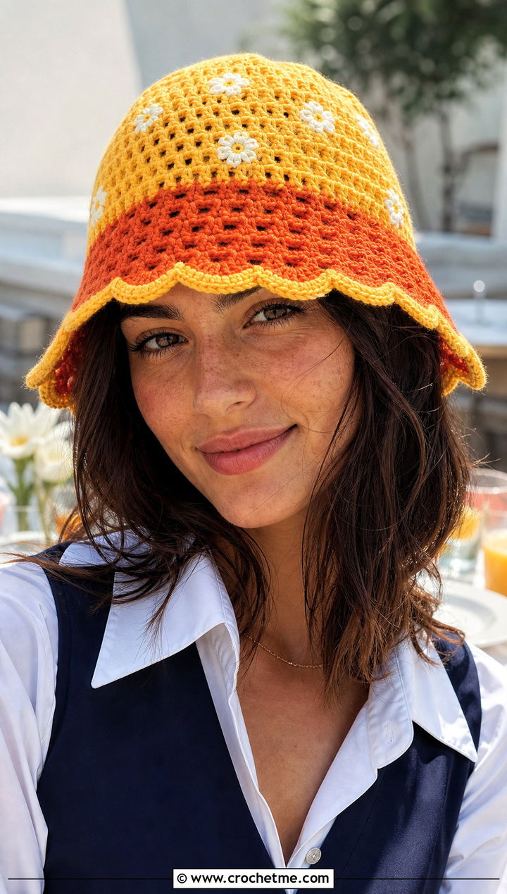 Orange Blossom Scalloped Bucket Hat With White Shirt - 35 orange blossom crochet hat outfit ideas