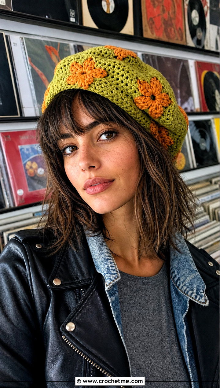 Orange Blossom Slouchy Beret With Leather Jacket - 35 orange blossom crochet hat outfit ideas