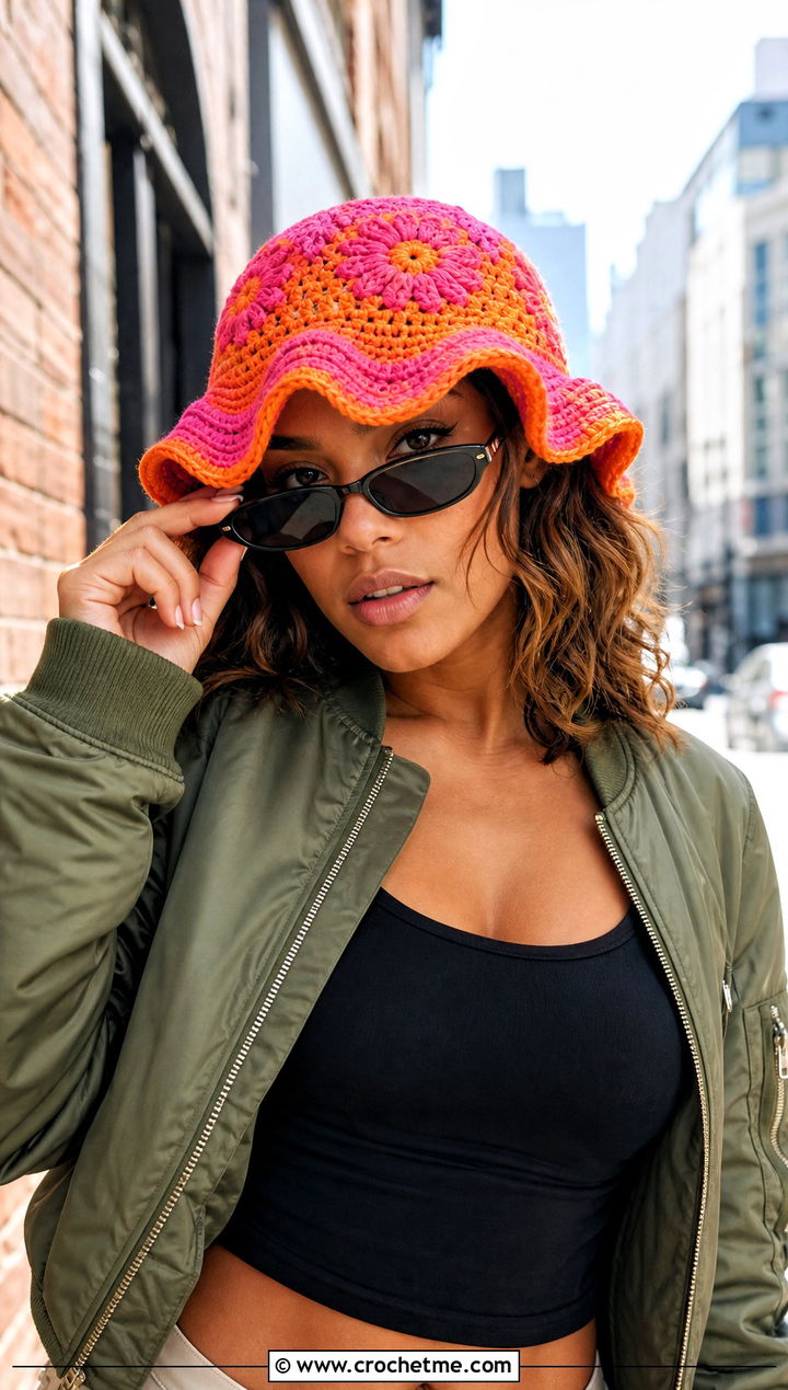 Orange Blossom Wavy Brim Bucket Hat With Cargo Pants - 35 orange blossom crochet hat outfit ideas