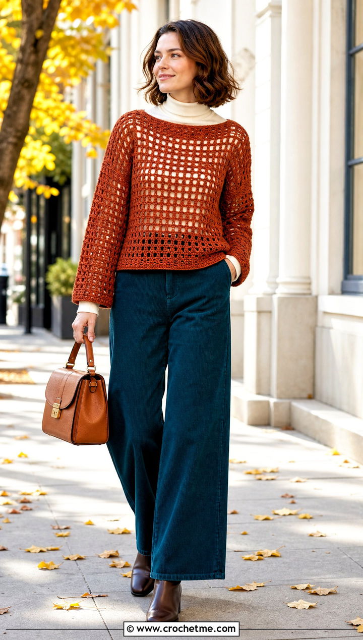 Orange Boat Neck Crochet Top With Corduroy Pants - 15 orange crochet top on hanger outfit ideas