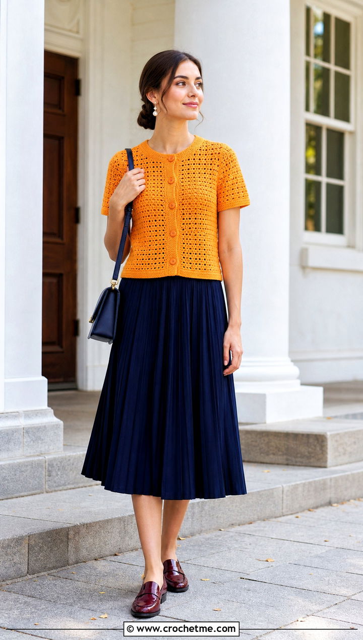Orange Button Front Crochet Top With Pleated Skirt - 35 crochet orange top outfit ideas