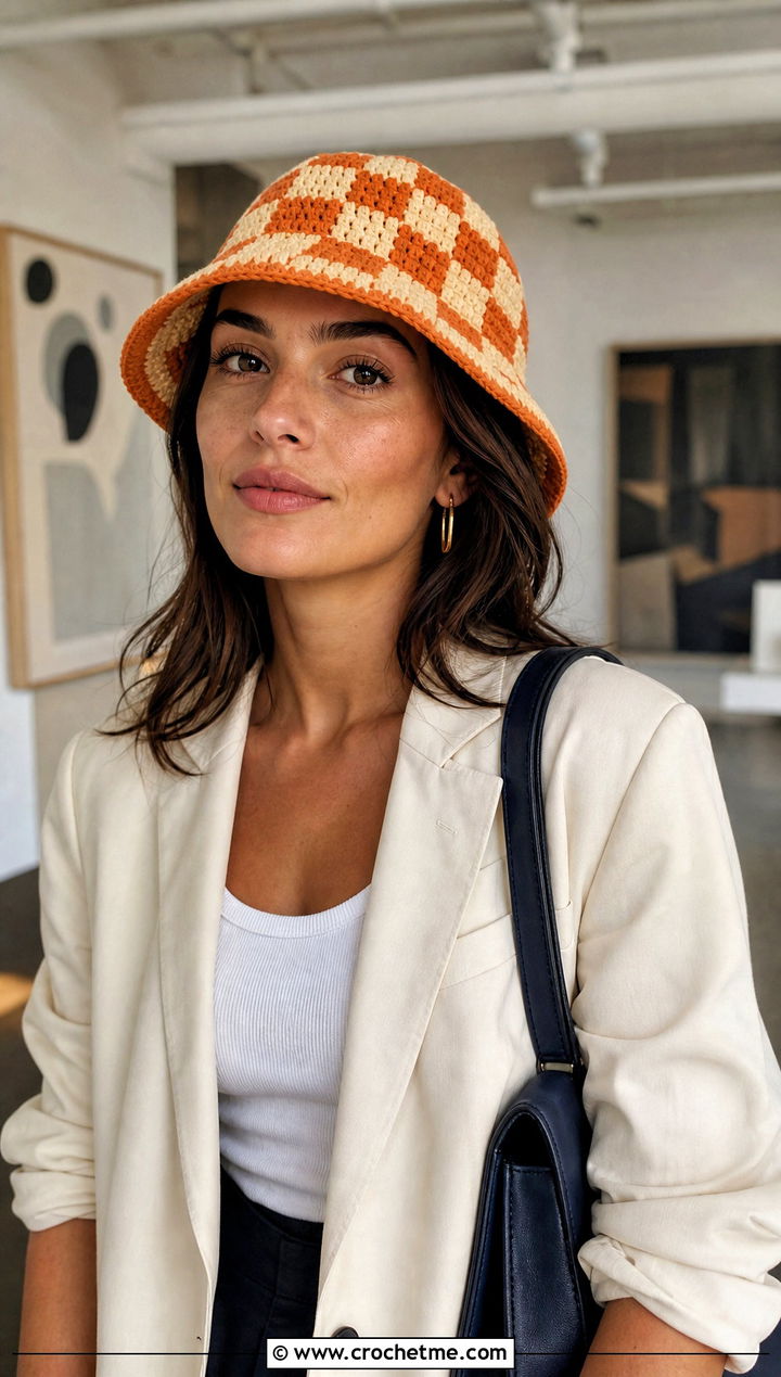 Orange Checkered Crochet Bucket Hat With Blazer - 15 orange crochet bucket hat outfit ideas