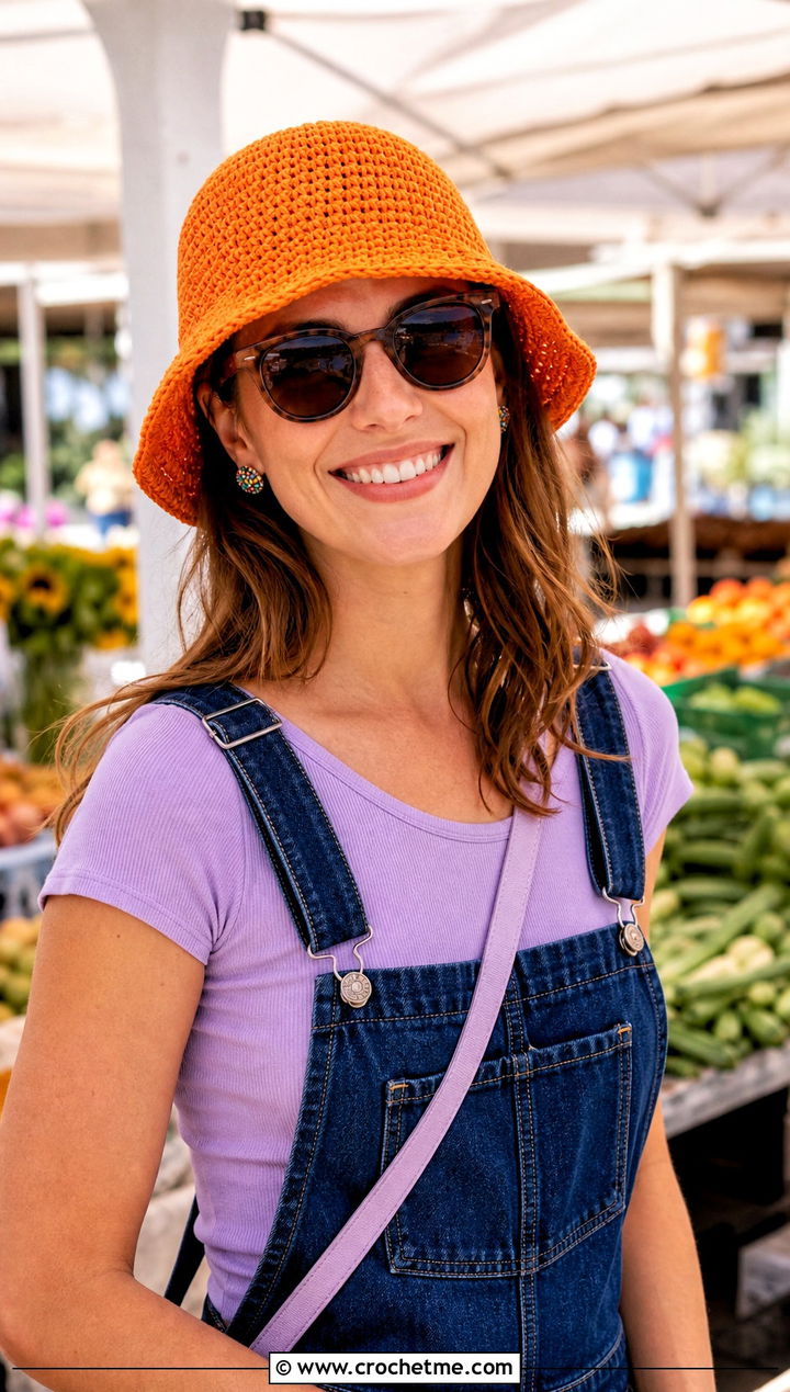 Orange Classic Cotton Crochet Bucket Hat With Overalls - 15 orange crochet bucket hat outfit ideas