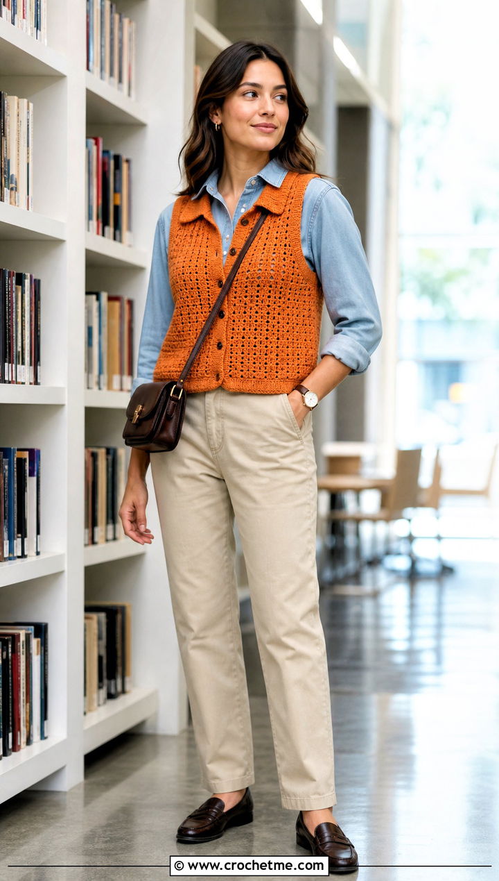 Orange Collared Crochet Vest With Denim Shirt And Chinos - 30 orange crochet top outfit ideas