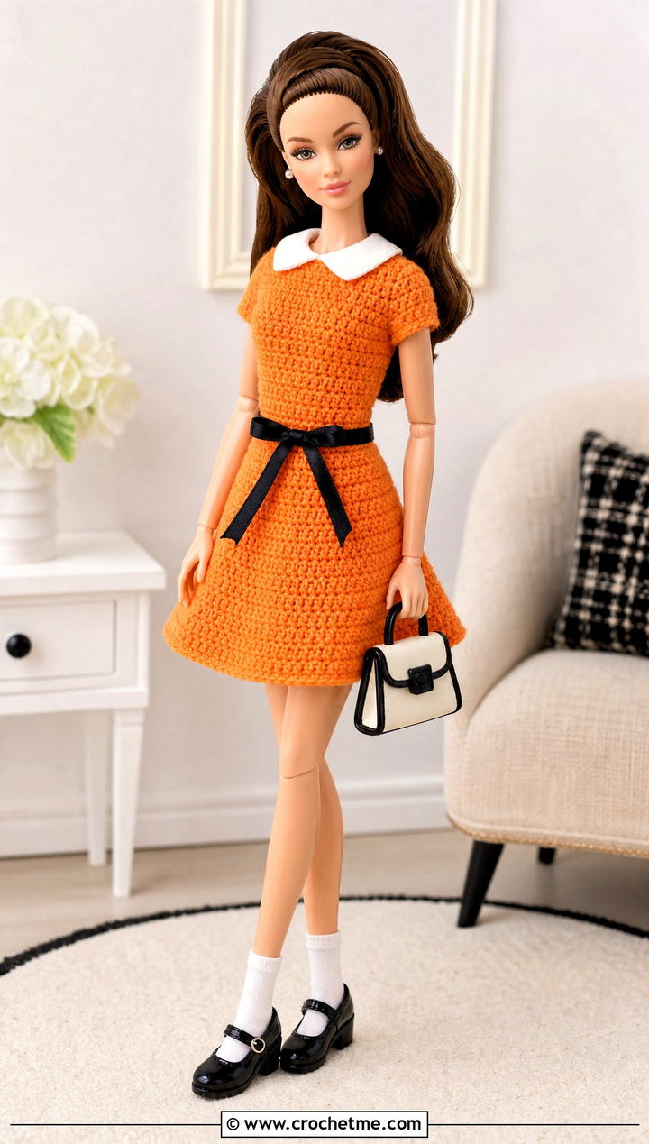 Orange Crochet A Line Doll Dress With Mary Janes - 15 orange crochet doll clothes and outfit ideas