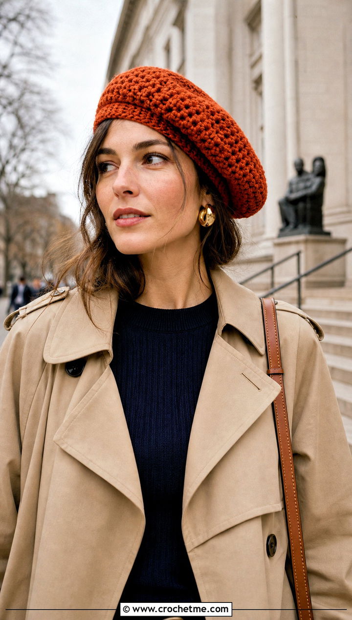 Orange Crochet Beret With Trench Coat And Loafers - 15 orange crochet hat outfit ideas