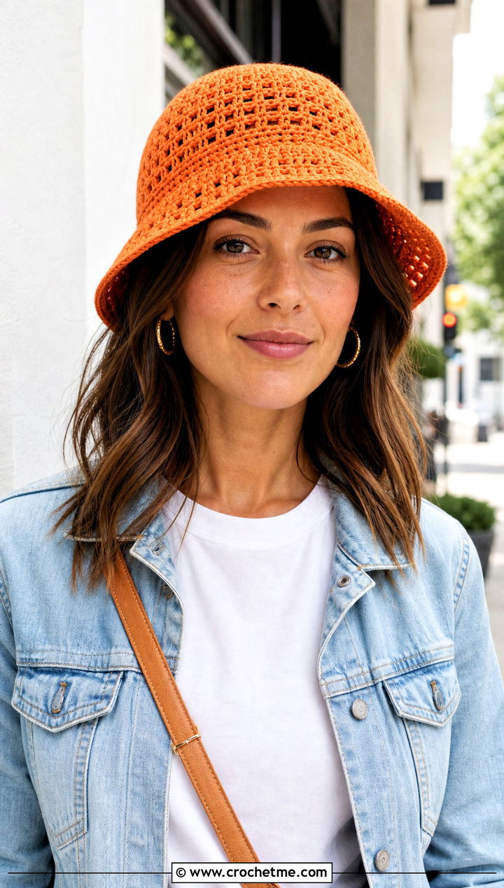 Orange Crochet Bucket Hat With White Tee And Jeans - 15 orange crochet hat outfit ideas