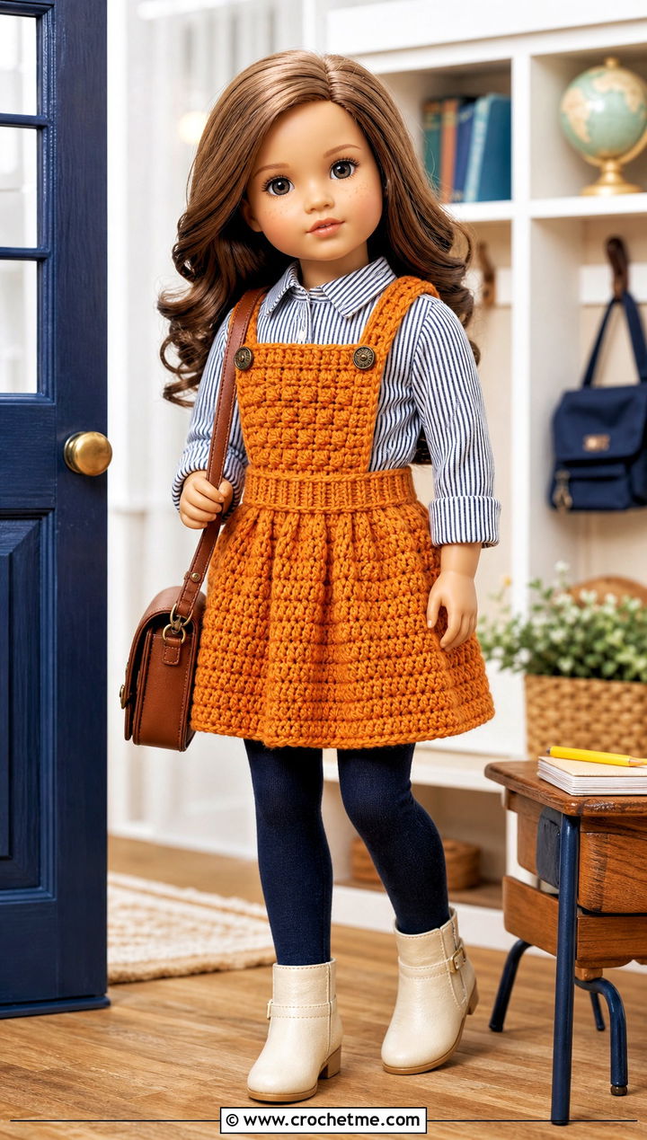 Orange Crochet Doll Pinafore With Striped Shirt - 15 orange crochet doll clothes and outfit ideas