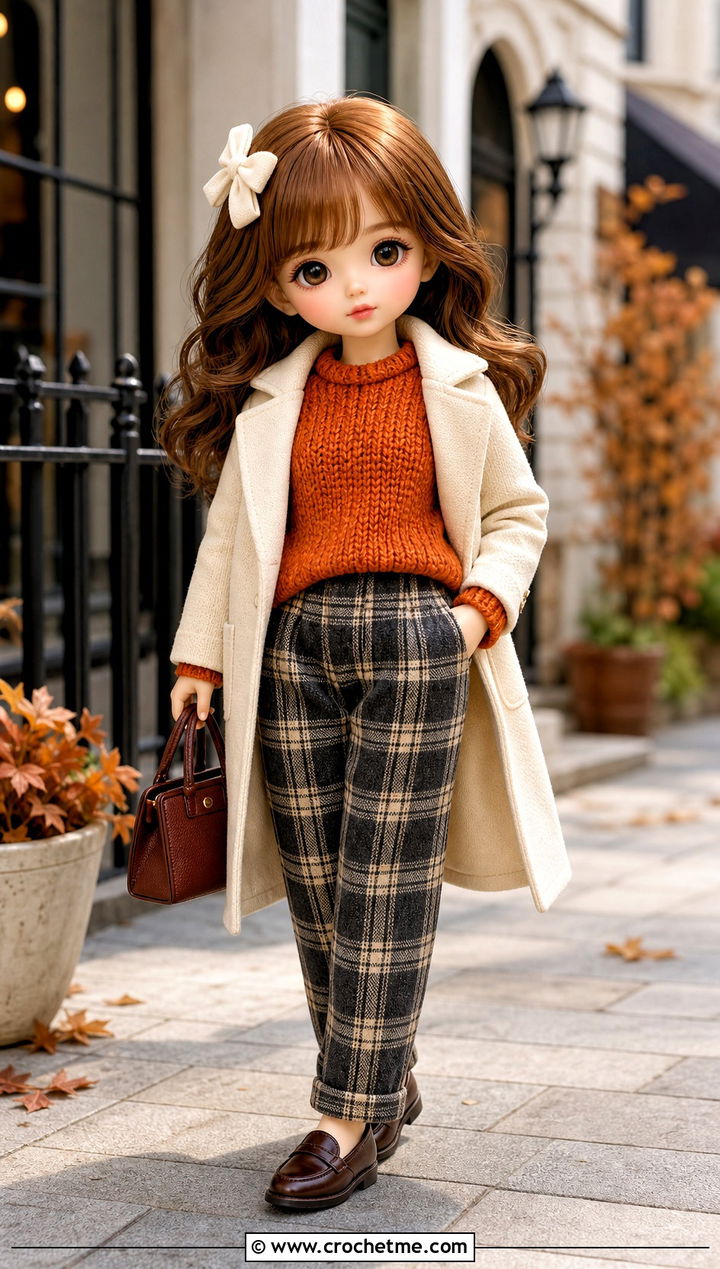 Orange Crochet Doll Sweater With Plaid Trousers - 15 orange crochet doll clothes and outfit ideas