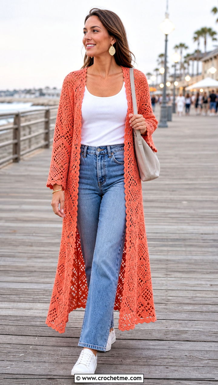 Orange Crochet Duster Cover Up With Jeans - 20 orange crochet cover up outfit ideas
