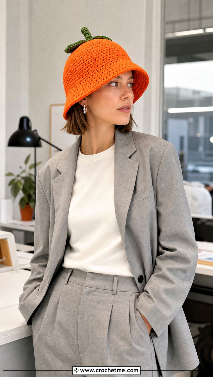 Orange Crochet Fruit Bucket Hat With Blazer And Trousers - 25 crochet fruit bucket hat outfit ideas