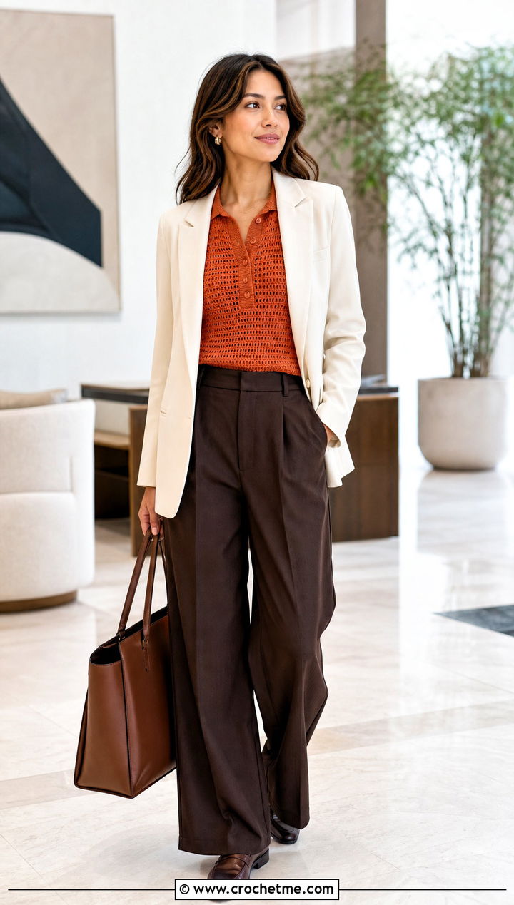 Orange Crochet Polo Top With Tailored Trousers - 15 orange crochet top on hanger outfit ideas