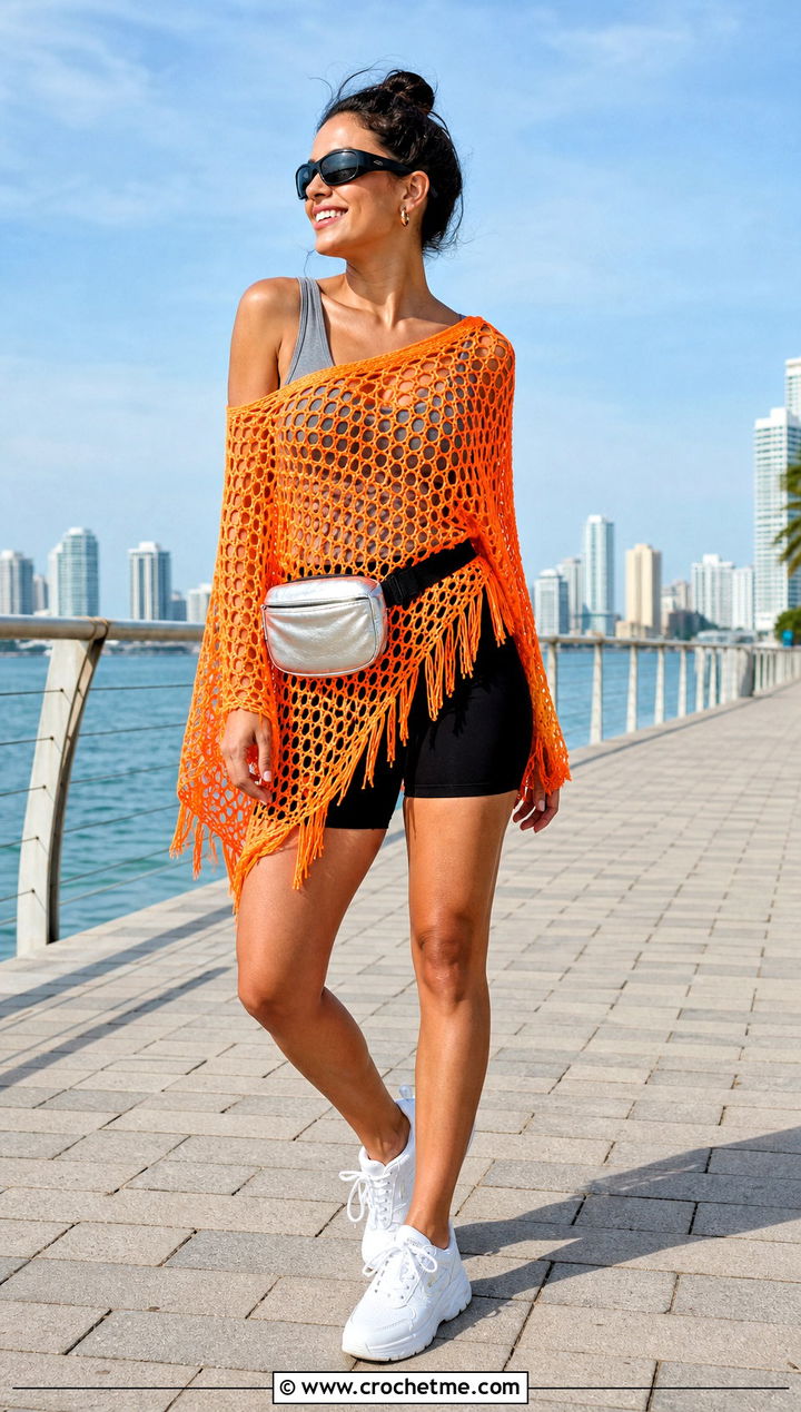 Orange Crochet Poncho Cover Up With Biker Shorts - 20 orange crochet cover up outfit ideas