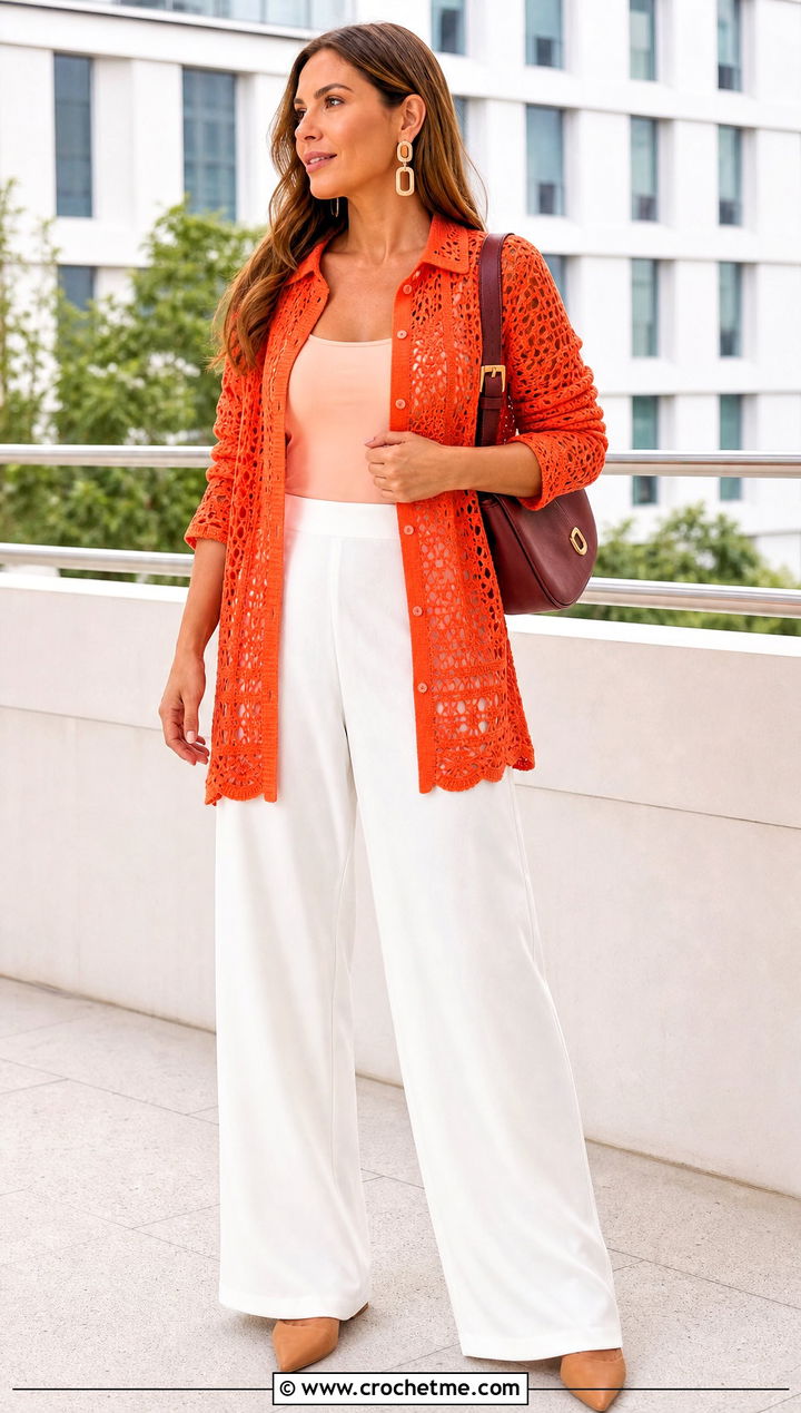 Orange Crochet Shirt Cover Up With Wide Leg Trousers - 20 orange crochet cover up outfit ideas