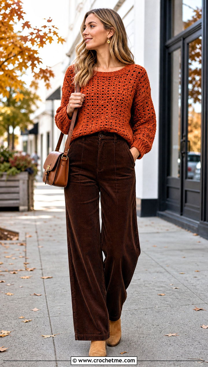 Orange Crochet Sweater Top With Corduroy Pants - 35 crochet orange top outfit ideas
