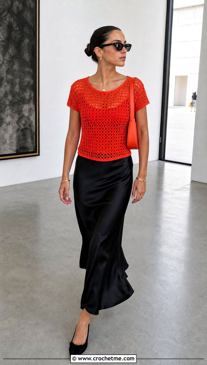 Orange Crochet T Shirt With Black Slip Skirt - 35 crochet orange top outfit ideas