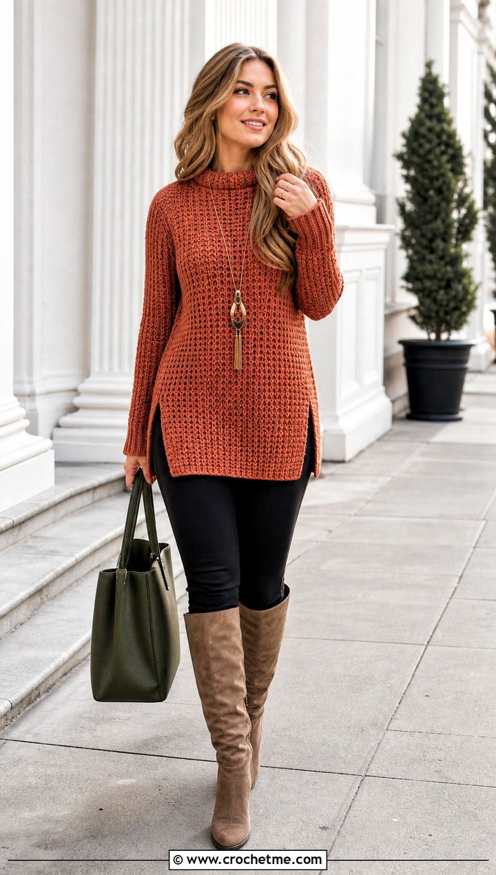 Orange Crochet Tunic Sweater With Leggings - 15 orange crochet sweater design outfit ideas
