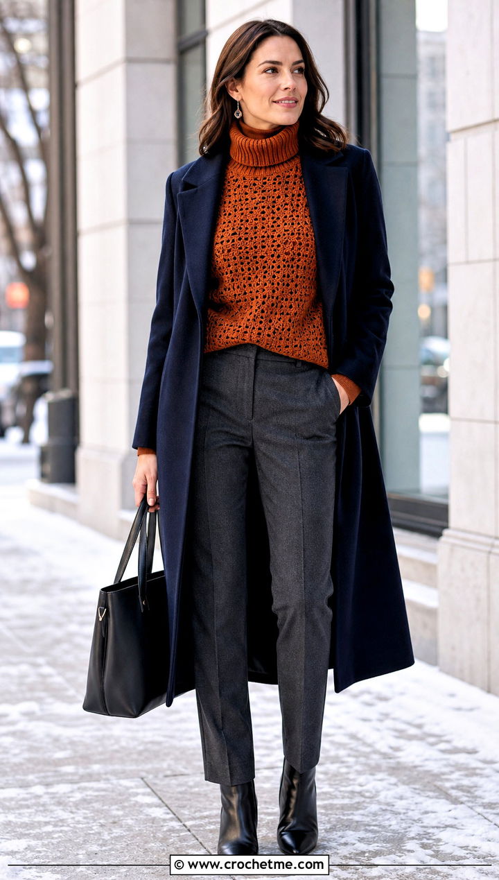 Orange Crochet Turtleneck Top With Wool Trousers - 35 crochet orange top outfit ideas