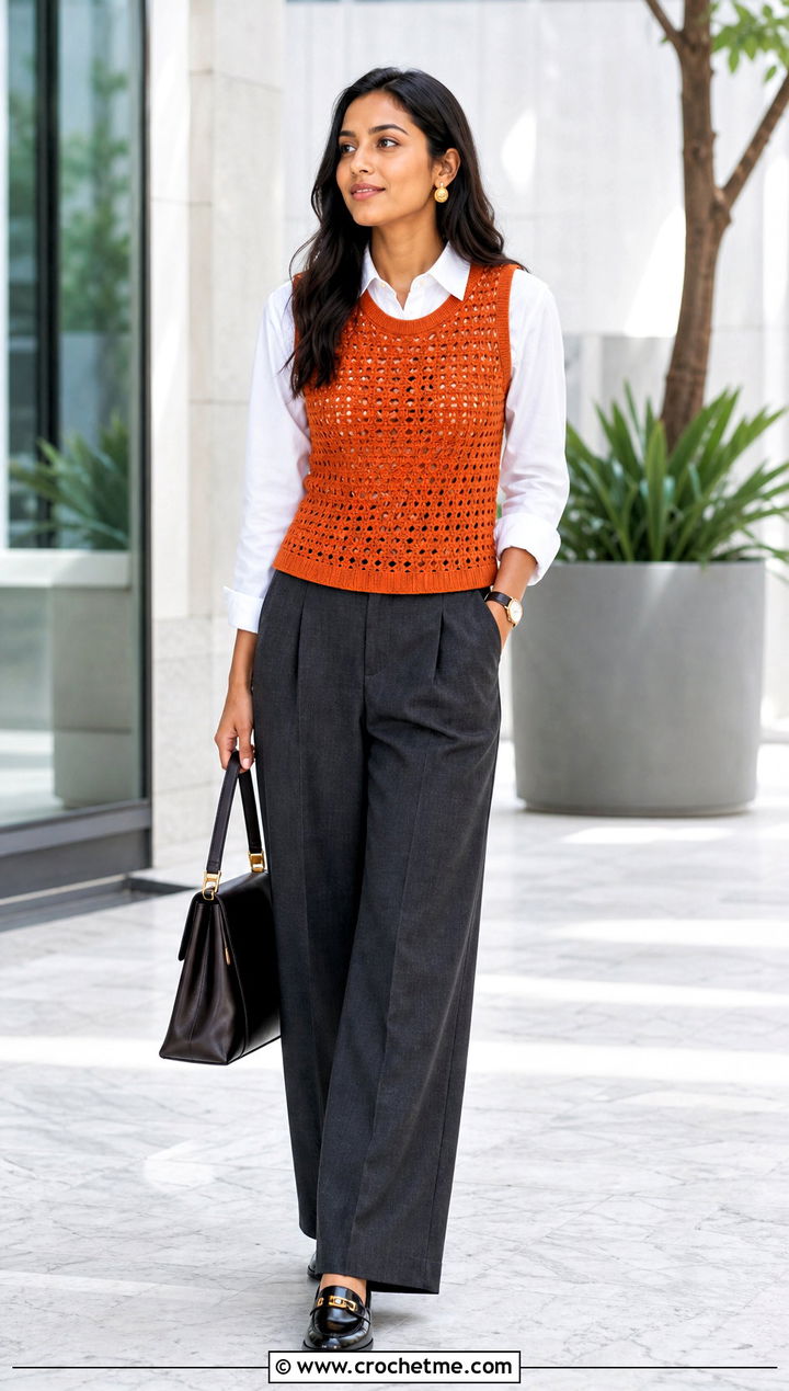 Orange Crochet Vest Top With White Shirt And Trousers - 35 crochet orange top outfit ideas