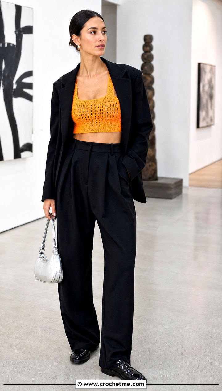 Orange Cropped Crochet Tank Top With Oversized Blazer - 15 orange crochet tank top outfit ideas