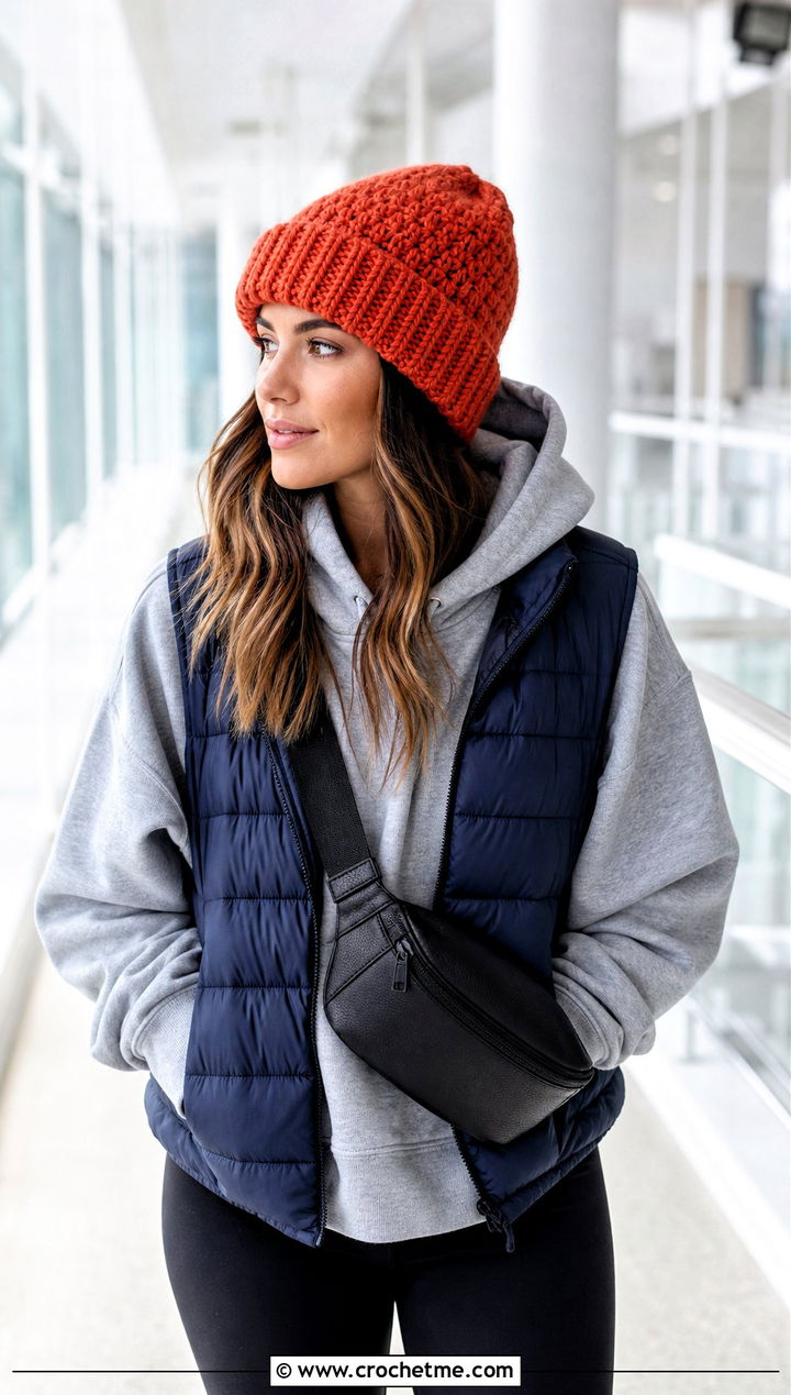 Orange Cuffed Crochet Beanie With Hoodie And Leggings - 15 orange crochet hat outfit ideas