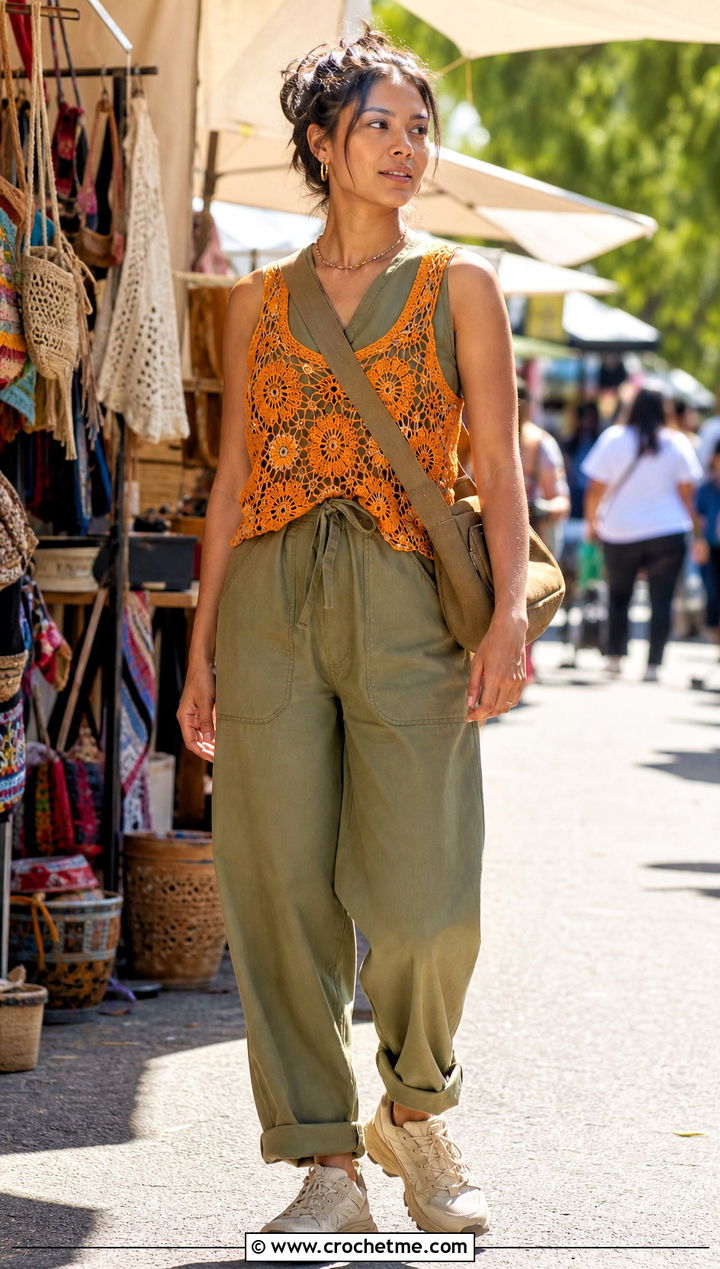 Orange Floral Motif Crochet Top With Utility Jumpsuit - 30 orange crochet top outfit ideas