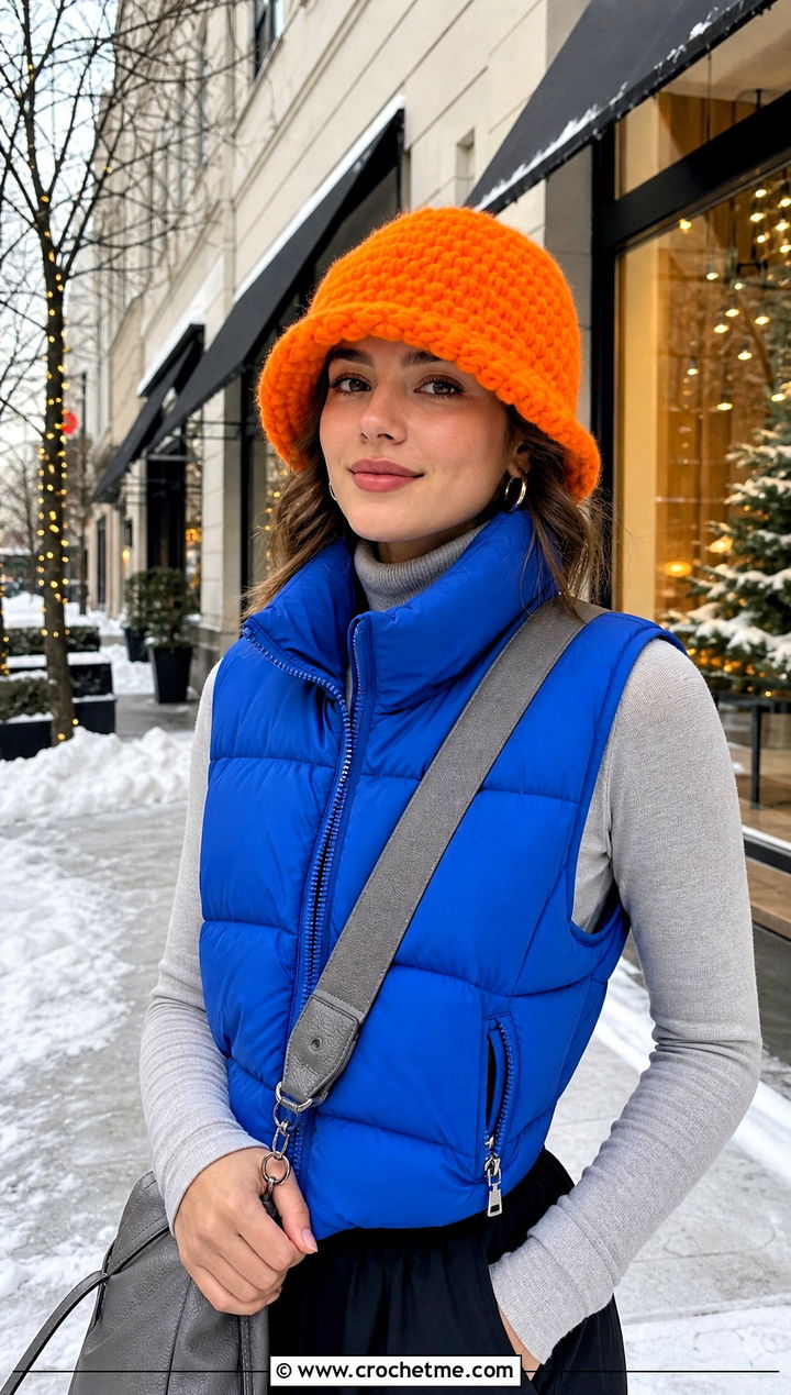 Orange Fuzzy Crochet Bucket Hat With Puffer Vest - 15 orange crochet bucket hat outfit ideas