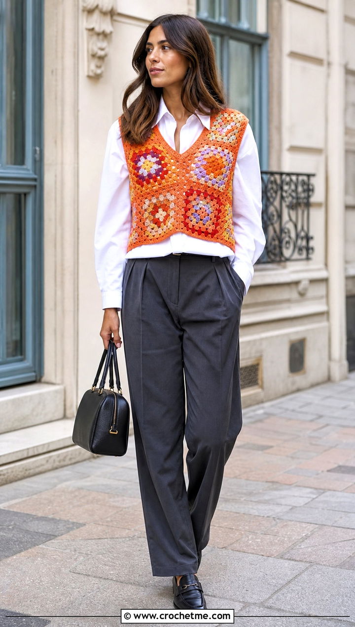 Orange Granny Square Crochet Vest With Tailored Trousers - 30 orange crochet top outfit ideas