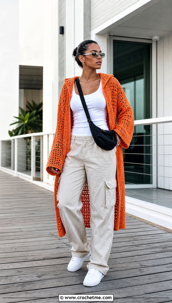 Orange Hooded Crochet Cover Up With Cargo Pants - 20 orange crochet cover up outfit ideas