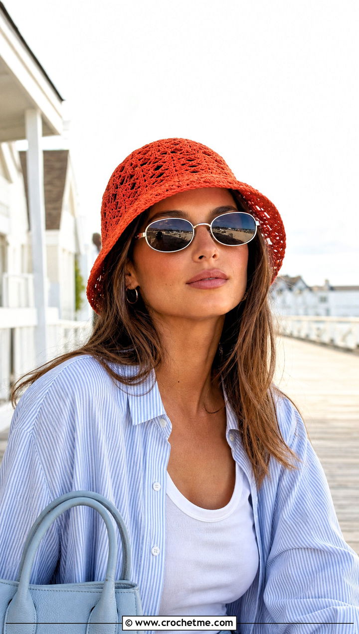 Orange Lace Crochet Bucket Hat With Matching Set - 15 orange crochet bucket hat outfit ideas