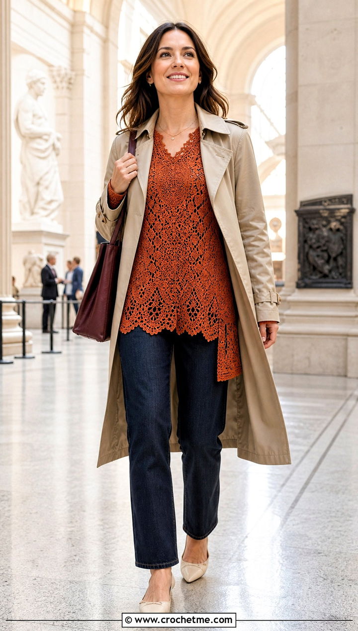 Orange Lace Crochet Longline Top With Straight Jeans - 30 orange crochet top outfit ideas