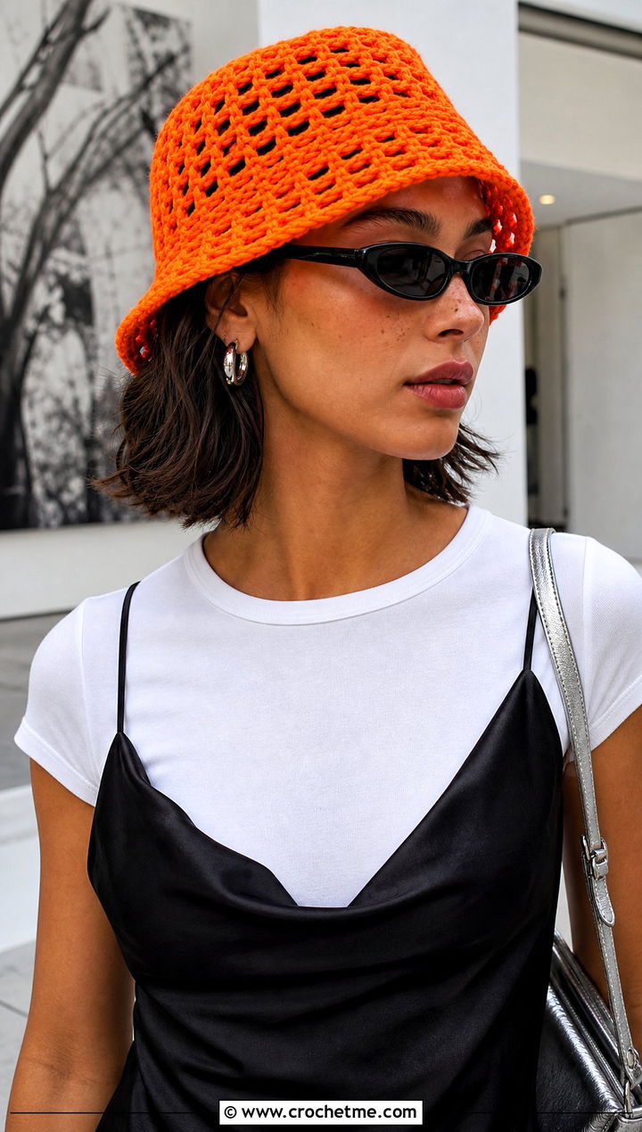 Orange Mesh Crochet Bucket Hat With Slip Dress - 15 orange crochet hat outfit ideas