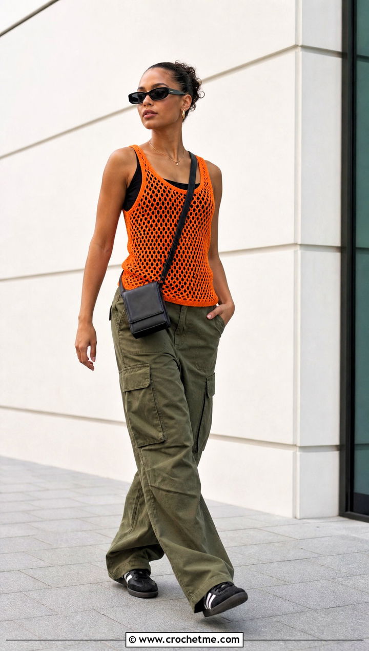 Orange Mesh Crochet Tank Top With Cargo Pants - 15 orange crochet top on hanger outfit ideas