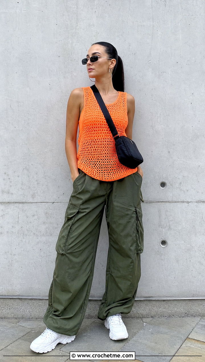 Orange Mesh Crochet Tank Top With Cargo Pants - 35 crochet orange top outfit ideas