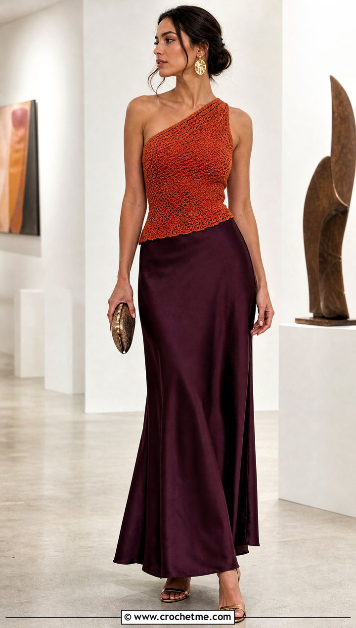 Orange One Shoulder Crochet Top With Satin Maxi Skirt - 15 orange crochet top on hanger outfit ideas