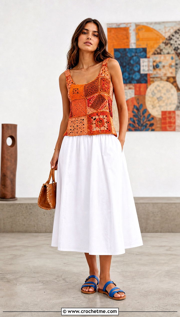 Orange Patchwork Crochet Tank Top With White Midi Skirt - 30 orange crochet top outfit ideas