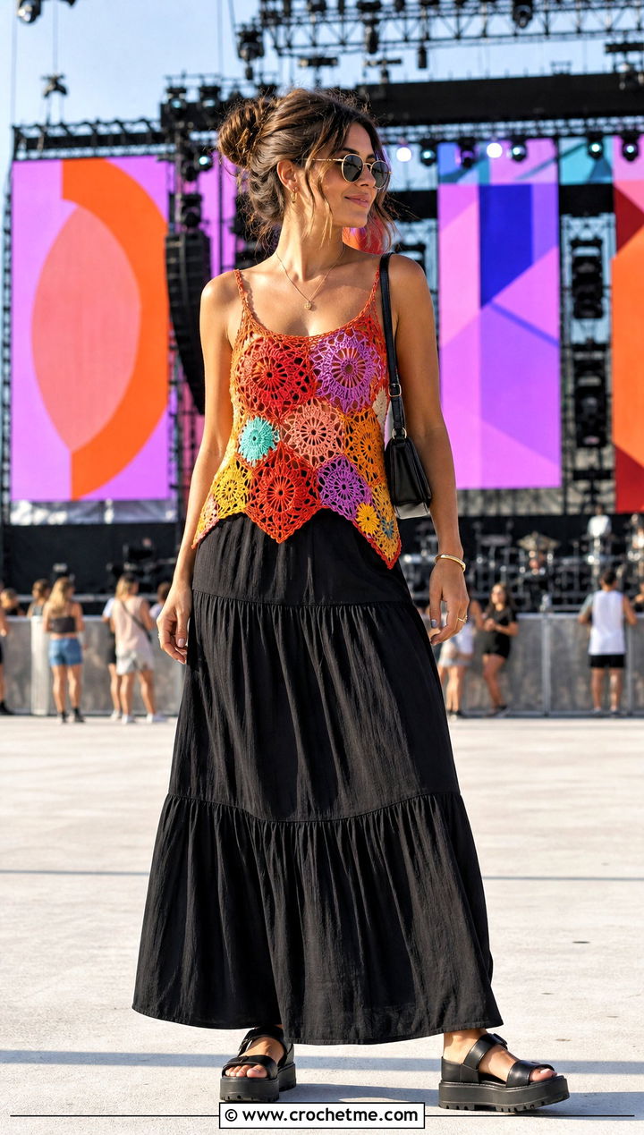 Orange Patchwork Crochet Top With Black Maxi Skirt - 35 crochet orange top outfit ideas