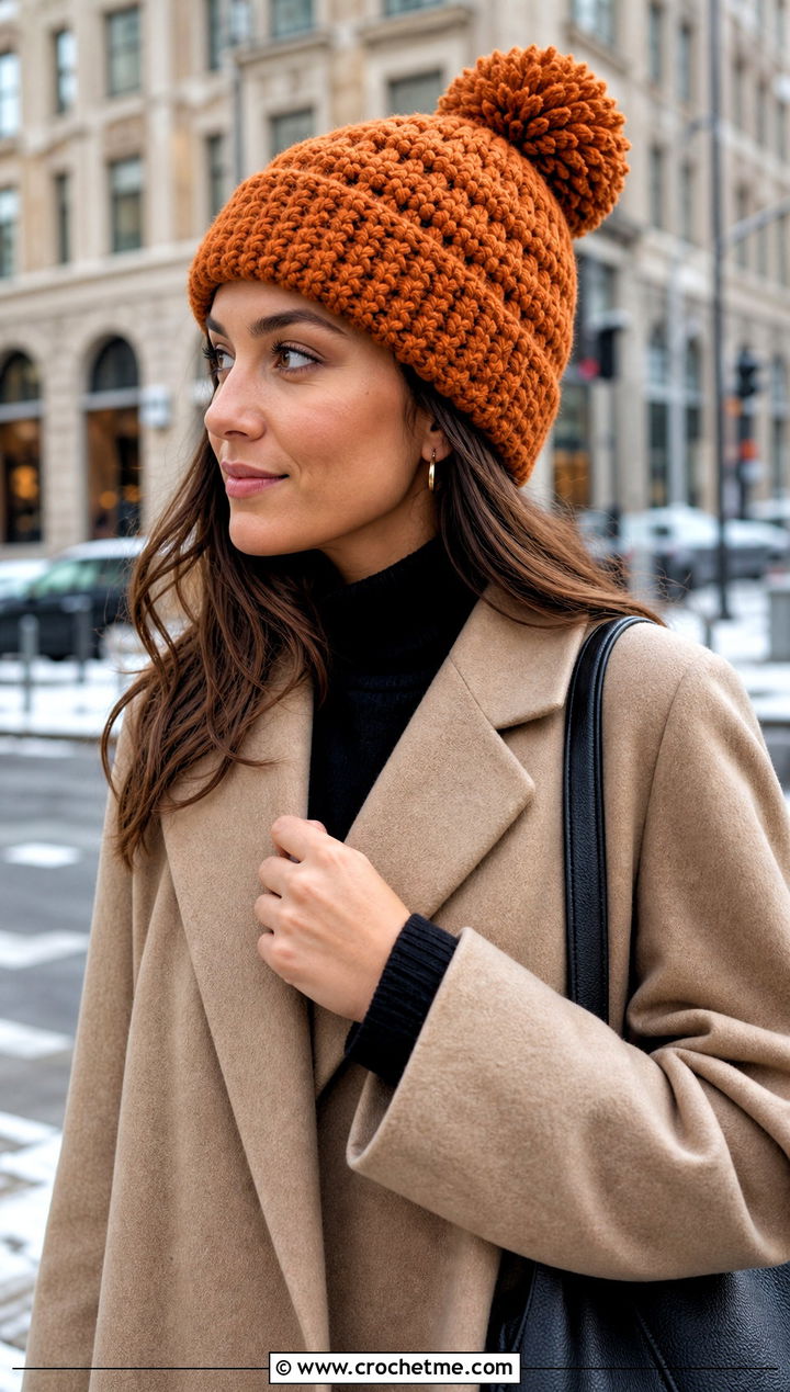 Orange Pom Pom Crochet Beanie With Wool Coat And Jeans - 15 orange crochet hat outfit ideas