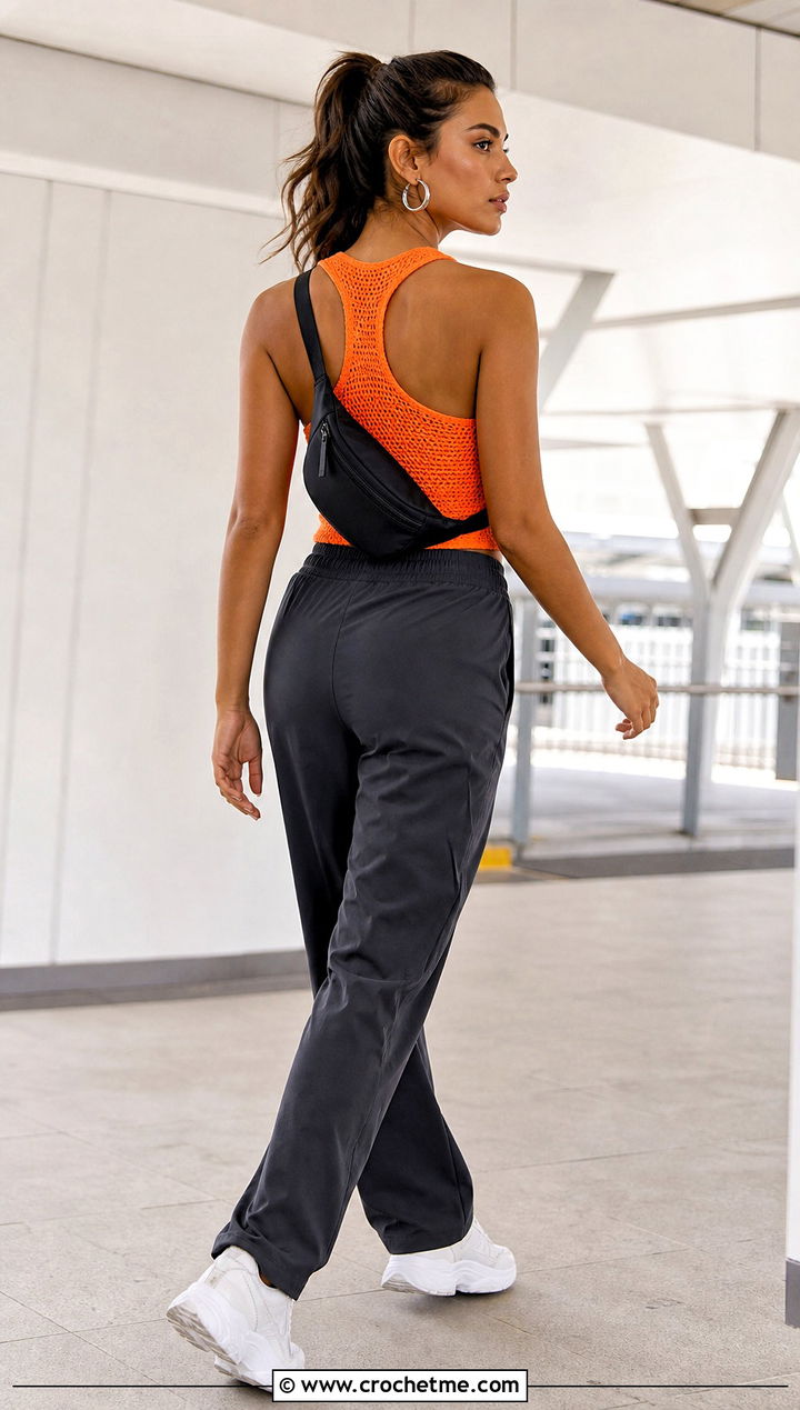Orange Racerback Crochet Tank Top With Track Pants - 15 orange crochet tank top outfit ideas