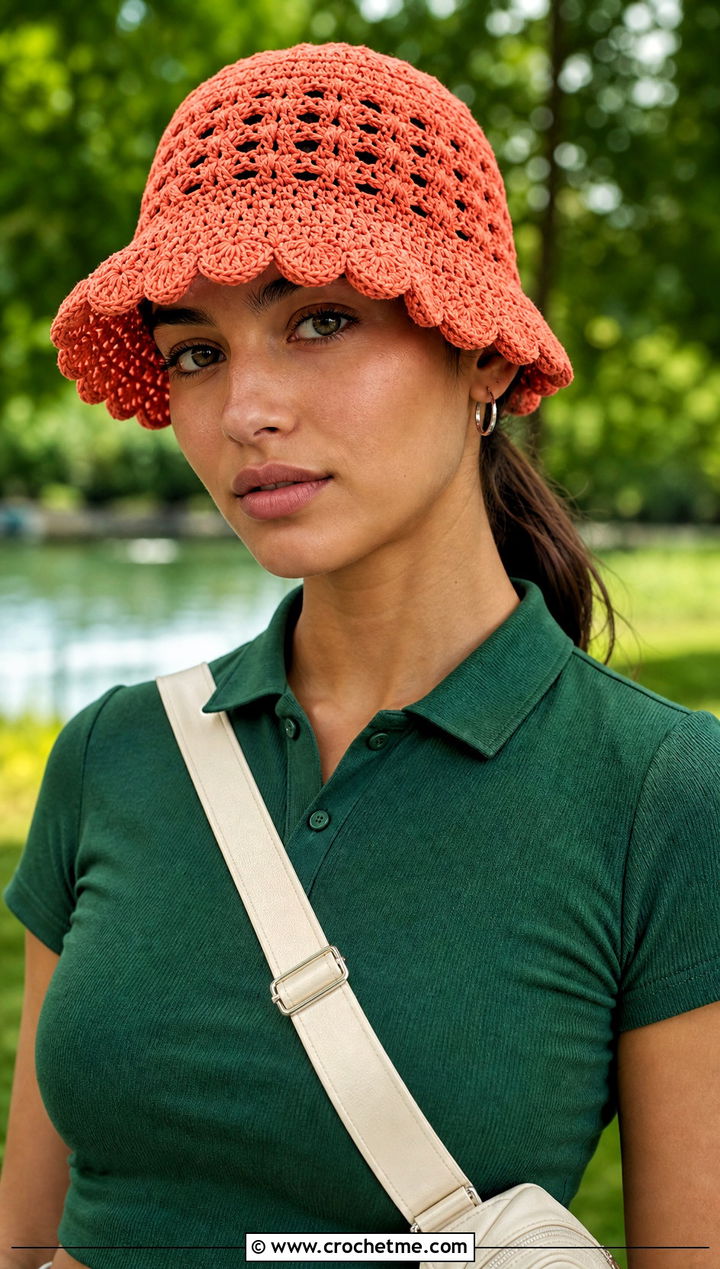 Orange Scalloped Crochet Bucket Hat With Tennis Skirt - 15 orange crochet bucket hat outfit ideas