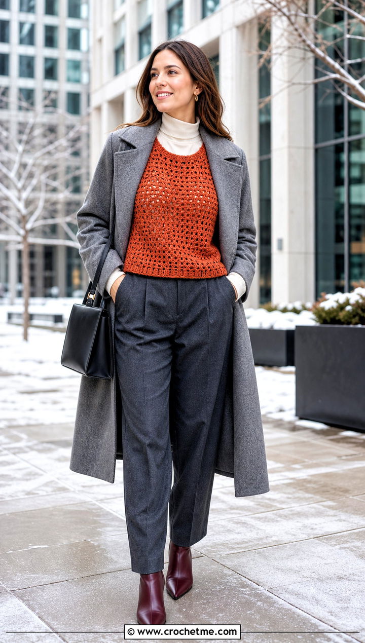 Orange Sleeveless Crochet Shell With Wool Trousers - 30 orange crochet top outfit ideas